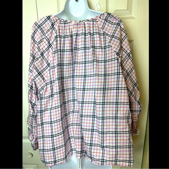 J.CREW Plaid Ruffle Trim Peasant Top Blouse Shirt Ivory Pink Blue Eyelet Light - Picture 8 of 13